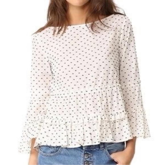 Club Monaco NWOT Peibi Boat Neck Cotton Ruffle Blouse Top XS Polka Dot - Picture 2 of 8